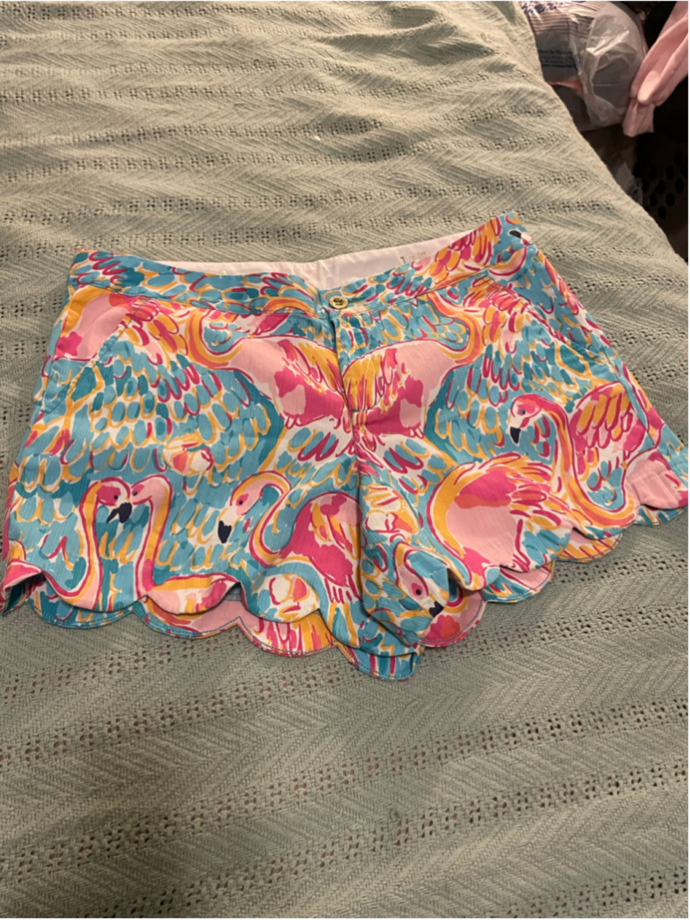 Lilly Pulitzer Buttercup Shorts Size 12 Blue Pink scalloped Flamingo Print